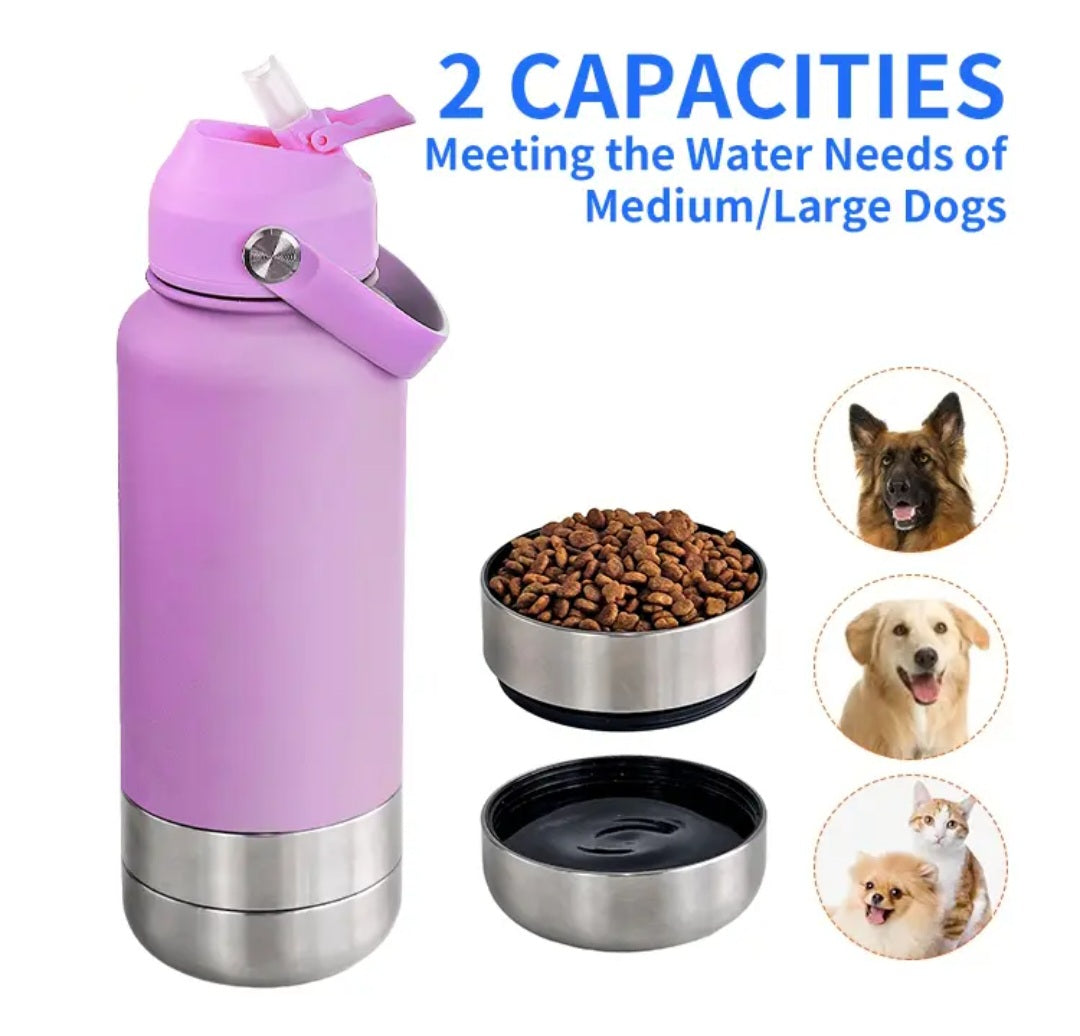 3 in 1 Portable Stainless Steel Water Bottle for Pets and Owners-32 OZ